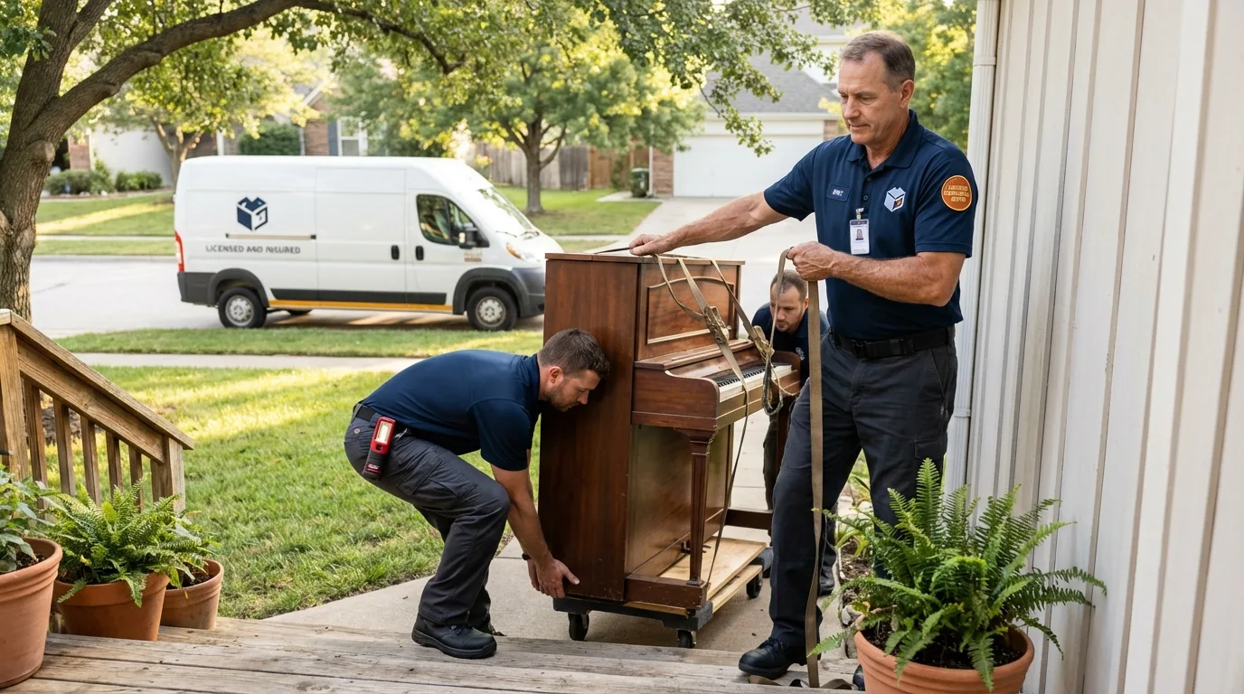Licensed piano movers securing grand piano in Pennington, NJ