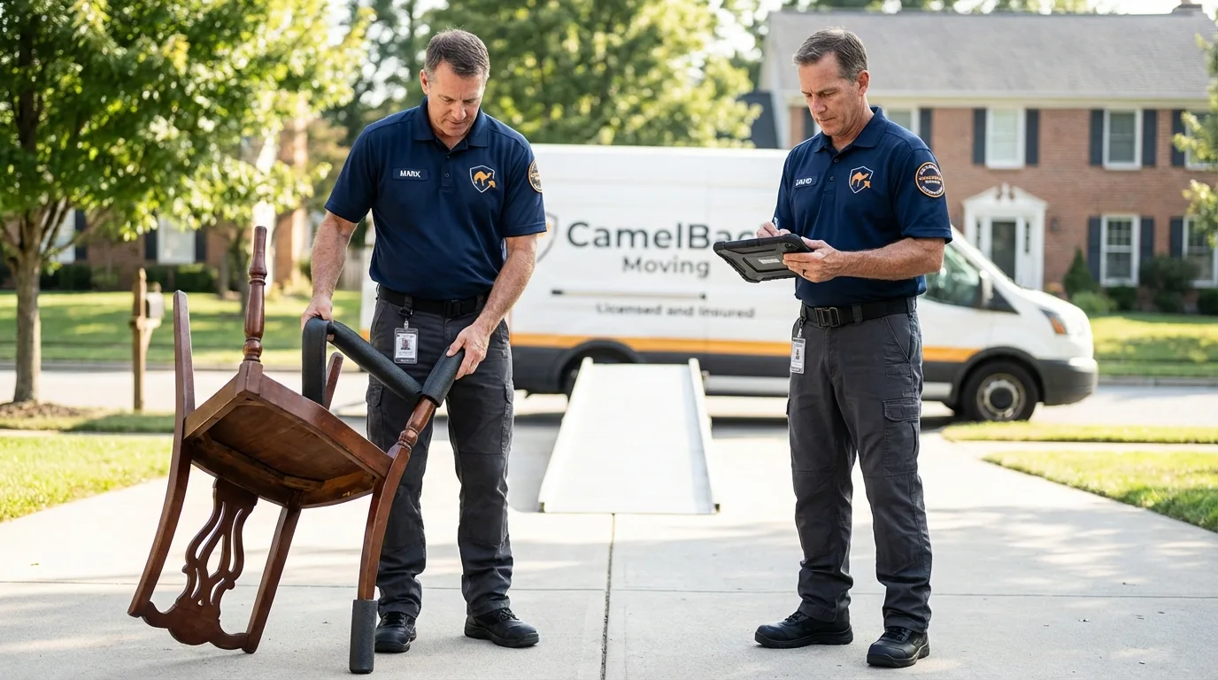 Movers inspecting furniture for damage prevention before loading in Pennington, NJ