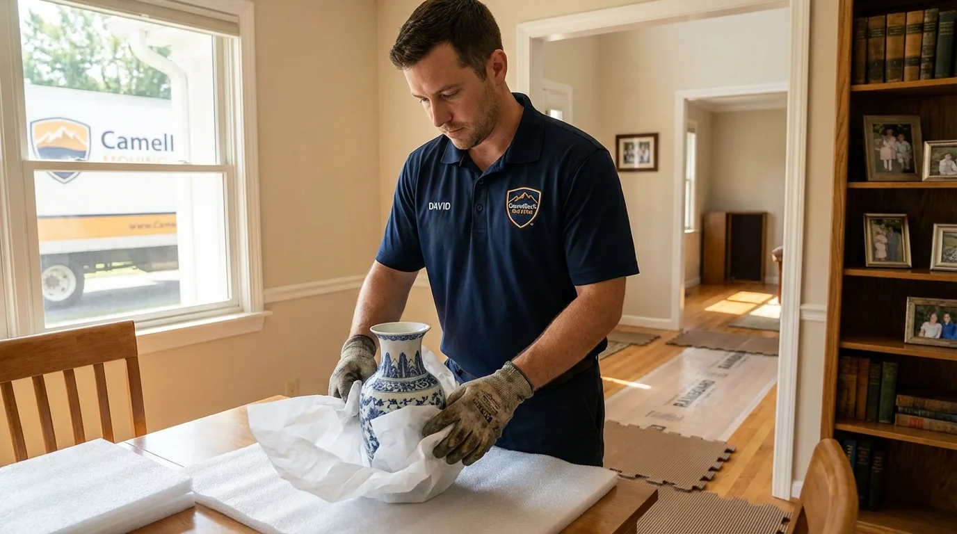 Professional crew carefully wrapping antique vase for senior downsizing move in Pennington, NJ